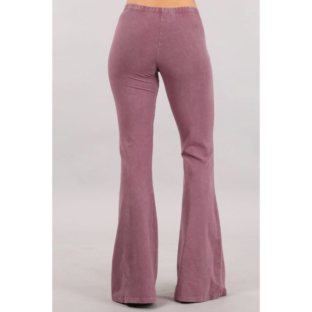 Dusty Rose Boho Mineral Wash Stretch Flared Bell Bottom Casual Pants - Picture 3 of 6